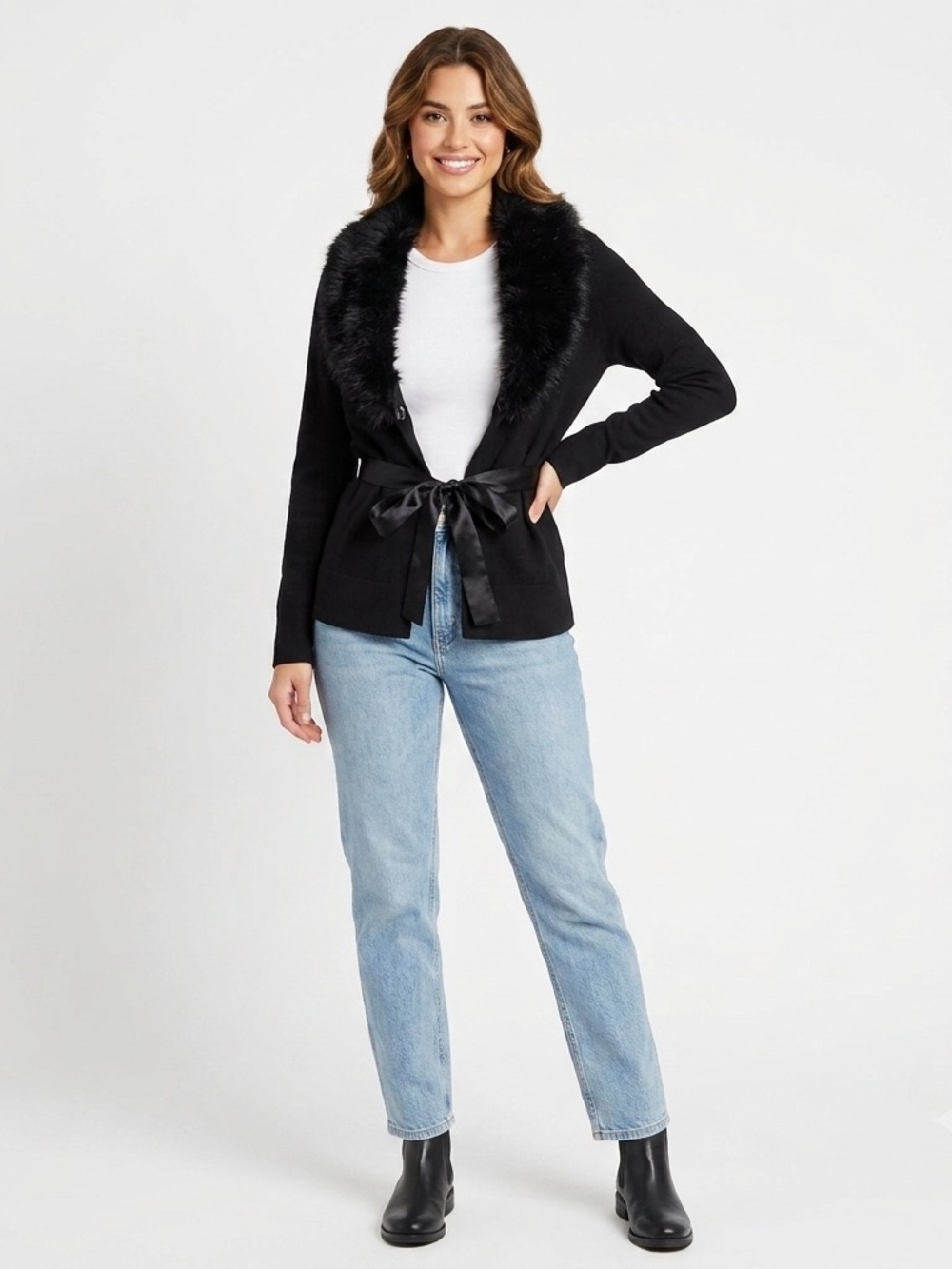 Y2K Style & Co Faux Fur Trim Satin Tie Waist Open Front Jacket Mobwife Winter MP - Picture 15 of 15